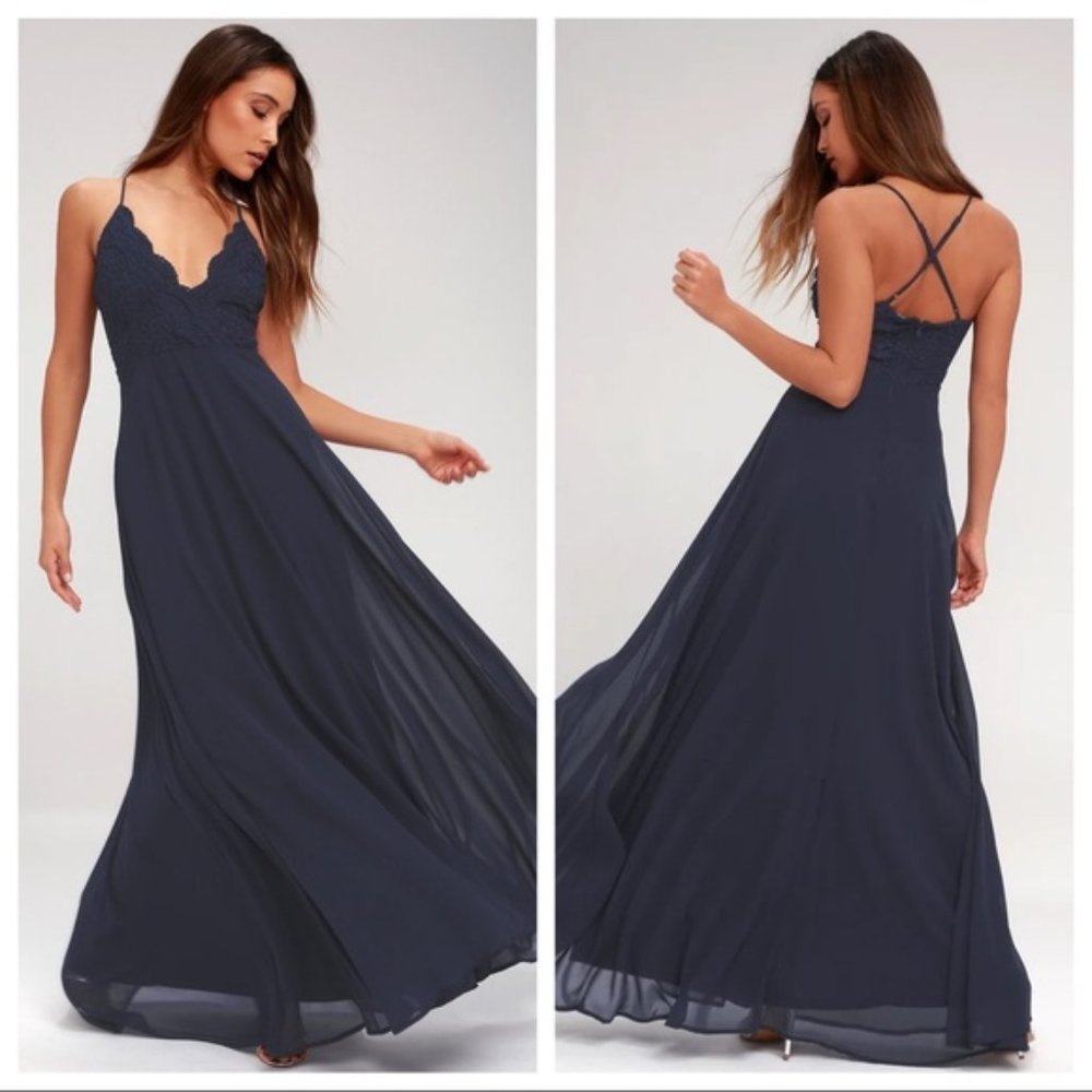 Lulu's Navy Blue Madalyn Crochet Lace Maxi Small